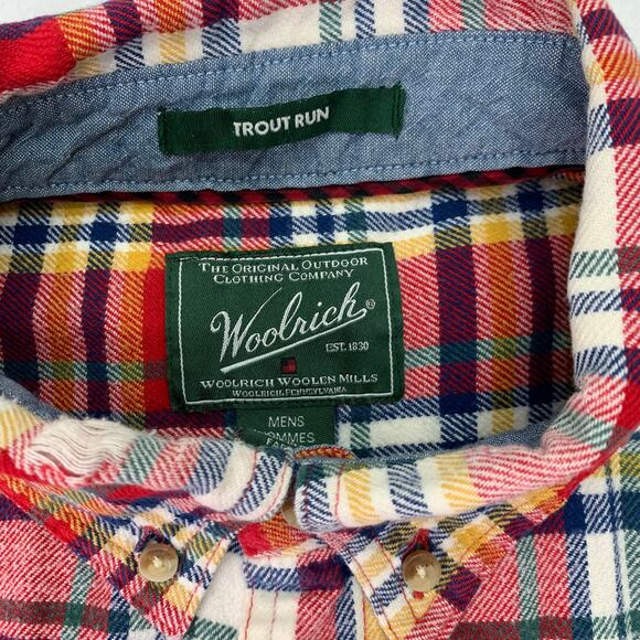 Woolrich Mens Large Trout Run Red Gold Plaid Long Sleeve Cotton Flannel Shirt - Picture 4 of 8